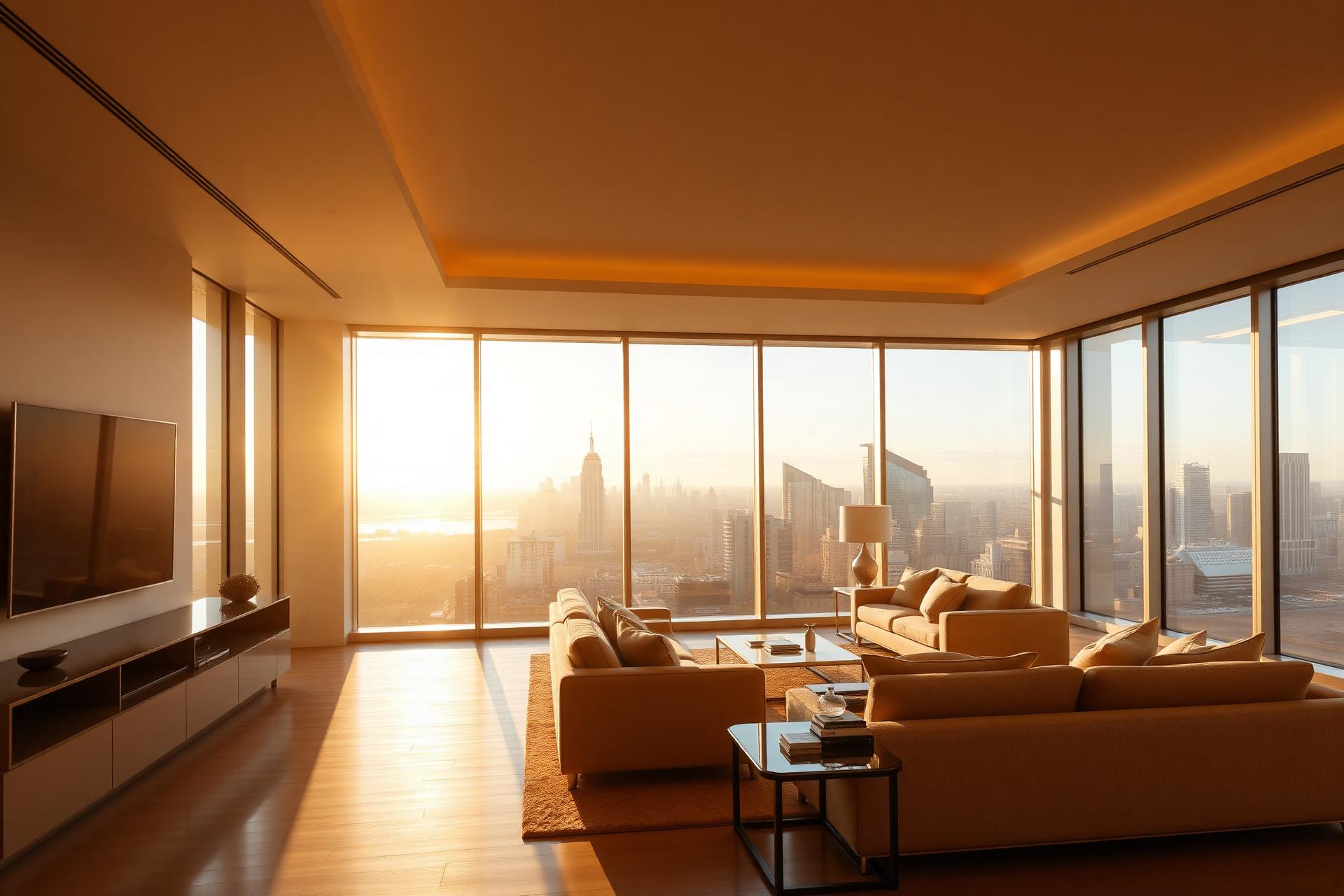 Luxury living room at golden hour overlooking a city skyline